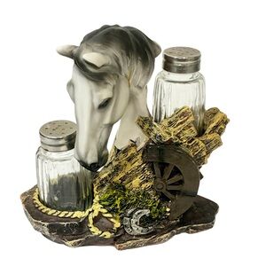 DWK 2015 Animal‎ Gray Black Horse Resin Holder w Salt And Pepper Shaker Set